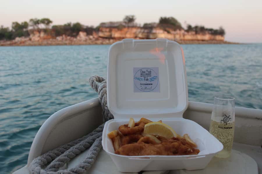 Darwin: Sunset Harbour Cruise with Fish and Chips Dinner - 90 minutes on Darwin Harbour, watching the city glow from water level