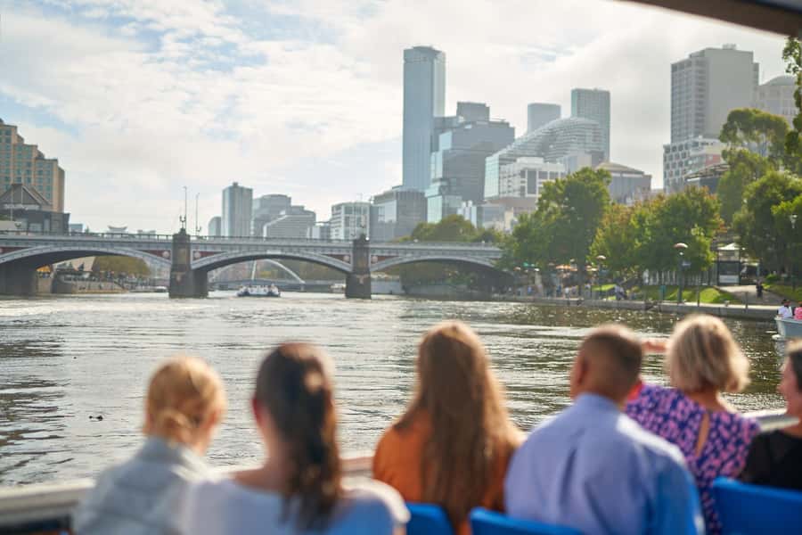 Melbourne City Views Express Cruise - Downstream toward Queens Bridge: Southbank and Flinders Street angles